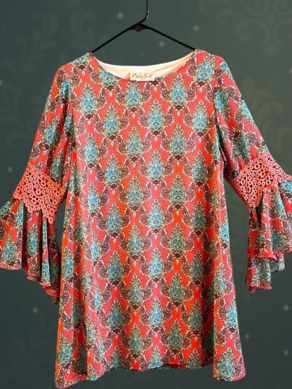 Lady Noiz Coral Paisley Boho Dress Bell Sleeves Crochet Lace Small - Picture 4 of 15
